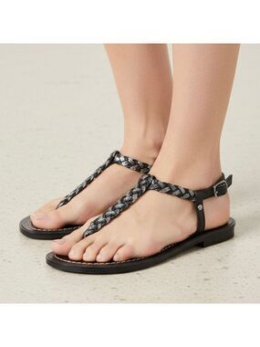 Audrey Brook women’s flat leather woven thong sandals braided black Sz 7
